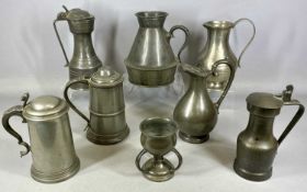 ANTIQUE PEWTER WARE, including two tappit hens, tavern jug, two lidded quart tankards, etc.