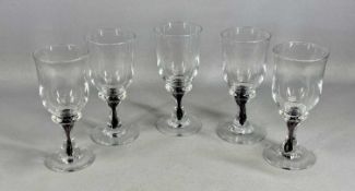 SET OF FIVE LARGE CONTEMPORARY WINE GOBLETS with coloured twist stems, 20.5cms (h) Provenance: