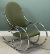 CONTEMPORARY TUBULAR CHROME FRAMED ROCKING CHAIR, green upholstered back and seat, 108 (h) x 56 (