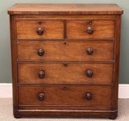 VICTORIAN MAHOGANY CHEST OF TWO SHORT & THREE LONG DRAWERS, turned knob handles, 103 (h) x 102 (w) x