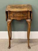 SMALL WALNUT OCCASIONAL TABLE, shaped top with drop leaves over a frieze drawer, slender cabriole