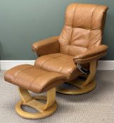 TAN UPHOLSTERED REVOLVING EASY CHAIR & STOOL Provenance: private collection Conwy