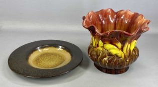 BRETBY JARDINIÈRE, red, yellow and brown glazed, moulded with leaves, 26 (h) x 32cms (w); and