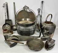 ASSORTED METALWARE, 19th century and later, including large Holcroft 24 pint cast iron cauldron,