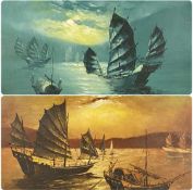 H. CHU pair of mid-century oils on canvas - Chinese junks, one signed lower right, 50 x 75cms (2)