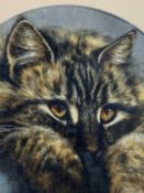 SUZETTE oil on board - long-haired cat, 29cms (28.5cms diam.); and UNKNOWN watercolour - black