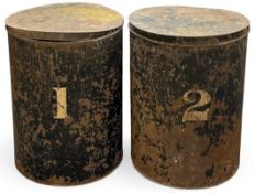 PAIR OF VINTAGE BLACK JAPANNED STEEL DRUMS, numbered 1 and 2, with covers, 76 (h) x 59cms (diam.)