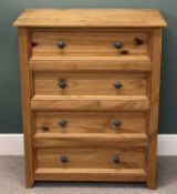 CONTEMPORARY PINE CHEST OF FOUR LONG DRAWERS with metal knob handles, 105 (h) x 84 (w) x 44cms (d)