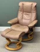 EKORNES DUSKY PINK LEATHER STYLE REVOLVING EASY CHAIR & FOOTSTOOL Provenance: private collection