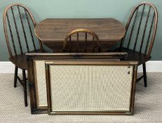DINETT DARK WOOD GRAIN DROP LEAF TABLE & THREE CHAIRS, table 73 (h) x 92cms (diam.) open, chairs