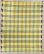 WELSH WOOLLEN BLANKET, grey, yellow and green check pattern, double sided, fringed, 172 x 220cms