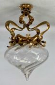 WAS BENSON OR STYLE ART NOUVEAU COPPER CEILING LIGHT FITTING of naturalistic form, with hand-blown