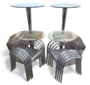CONTEMPORARY CAFÉ FURNITURE, eight Perspex stacking chairs and four circular tables with white