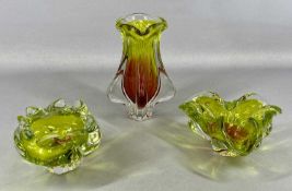 CHŘIBSKÁ GLASSWORKS, three pieces in clear glass encased lime green and brown, vase, 23cms (h),