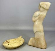 CARVED MARBLE FIGURE OF A STANDING LADY, 35cms (h); together with a sculptural form dish Provenance: