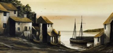 ‡ KEVIN PLATT (contemporary) oil on board - harbour scene with cottages and boats, signed lower