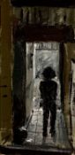 ‡ MATTHEW WOOD (b. 1973) oil on board - silhouetted figure in a doorway, unsigned, 19.5 x 9.5cms