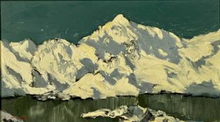 ‡ CHARLES WYATT WARREN (1908-1993) oil on board - entitled verso 'Snowdon from Llyn Llydaw, Winter',