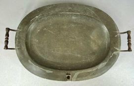 ANTIQUE OVAL PEWTER WARMER PLATE with London touch marks, 60 x 40cms Provenance: private