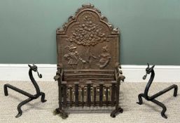 FIREPLACE FURNITURE, including wrought iron basket, 35 (h) x 52 (w) x 35cms (d); pair of dragon-form