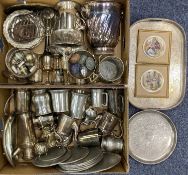 LARGE ASSORTMENT OF PLATED WARE, including cocktail shaker, tankards, wine coasters, trays, goblets,