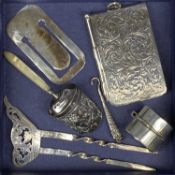 SMALL SILVER COLLECTABLES, hair slide, ring box, note pad, caddy spoon, bookmark, and button hook