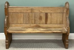 LATE 19TH CENTURY PITCH PINE PEW, panelled back, solid seat, shaped ends, 94 (h) x 132 (w) x