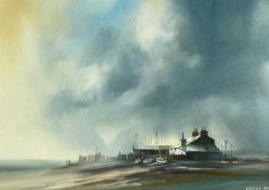 ‡ DAVID WESTON (British, 1935-2011) oil on canvas - coastal view with building, boats, and figures