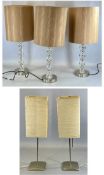 SET OF THREE CONTEMPORARY BRUSHED STEEL & PERSPEX TABLE LAMPS, with fabric shades, 68cms (h)