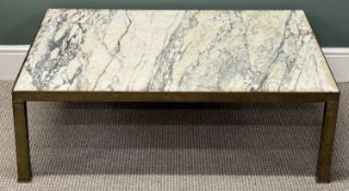 CONTEMPORARY RECTANGULAR OCCASIONAL TABLE, with brass frame and marble top, 36 (h) x 107 (w) x 76cms