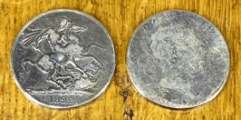 TWO GEORGE III SILVER CROWNS, 1822 and unknown, 27g gross Provenance: private collection Ynys Môn