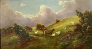 ‡ THOMAS FINCHETT (1858-1931) oil on canvas - moorland with sheep and lambs, signed lower left, 24.5