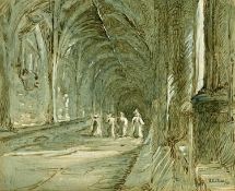 ‡ ARTHUR E. ELIAS (b. 1872) watercolour - robed figures in cloisters, signed and dated '95 lower