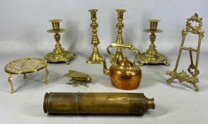ASSORTED METALWARE, including pair of 19th century cast brass candlesticks, 18cms (h); brass three-