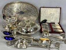 ASSORTED PLATED WARE, including oval tea tray with pierced gallery and scroll engraved field,