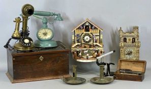 CLOCKS & COLLECTABLES, box containing vintage watch repair tools, reproduction brass 'candlestick'