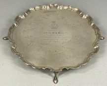 GEORGE V CIRCULAR SILVER SALVER, with moulded rim and pad feet, inscribed 'Presented to Captain W.