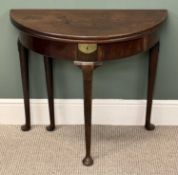 19TH CENTURY MAHOGANY DEMILUNE TEA TABLE, fold-over top with polished interior, cabriole supports,