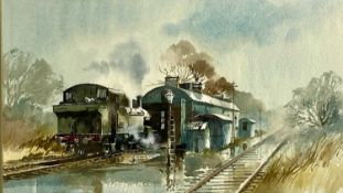 ‡ DAVID WESTON (British, 1935-2011) watercolour - steam train outside railway building, signed lower