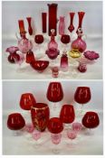 LARGE COLLECTION OF ANTIQUE CRANBERRY GLASS & VINTAGE RED GLASS, including decanters, drinking