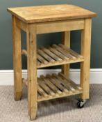 LIGHT WOOD KITCHEN WORK TROLLEY, with rectangular top and two slatted under tiers, on locking