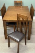 CONTEMPORARY RECTANGULAR DARK WOOD DINING TABLE, 76 (h) x 148 (w) x 89cms (d), and six slat back
