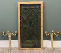 RECTANGULAR LEADED STAINED GLASS WINDOW PANEL, in frame, 103 (h) x 50cms (w) overall; and pair of