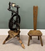 RUSTIC WELSH SPINNING WHEEL, 92cms (h); and spinning chair with solid seat, 81cms (h) Provenance: