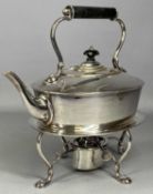 OVAL EPNS TEA KETTLE ON STAND, with ebonised handle and finial, complete with burner, 28cms (h)