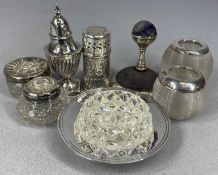 SILVER COLLECTABLES, including circular butter dish with cut-glass liner, two condiments, pin