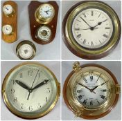 CLOCKS & BAROMETERS, Rickmer brass-cased porthole design ship's wall clock, mounted on mahogany