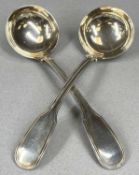 PAIR OF GEORGE III SILVER FIDDLE & THREAD PATTERN LADLES, hallmarks rubbed, 18.5cms (l), 2.5ozt