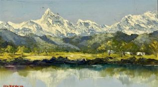 ‡ CHARLES WYATT WARREN (1908-1993) oil on board - Eryri mountains winterscape overlooking lake,