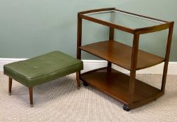 MID-CENTURY GLASS TOP TEA TROLLEY, on castors, 79 (h) x 79 (w) x 50cms (d); and similar era green